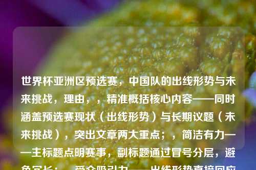 世界杯亚洲区预选赛，中国队的出线形势与未来挑战，理由，，精准概括核心内容——同时涵盖预选赛现状（出线形势）与长期议题（未来挑战），突出文章两大重点；，简洁有力——主标题点明赛事，副标题通过冒号分层，避免冗长；，受众吸引力——出线形势直接回应球迷最关注的现实问题，未来挑战引发对长远发展的思考。，（注，若需进一步调整风格倾向，如增加紧迫感或数据化表达，可微调为中国队世界杯预选赛出线分析，机遇与危机并存）